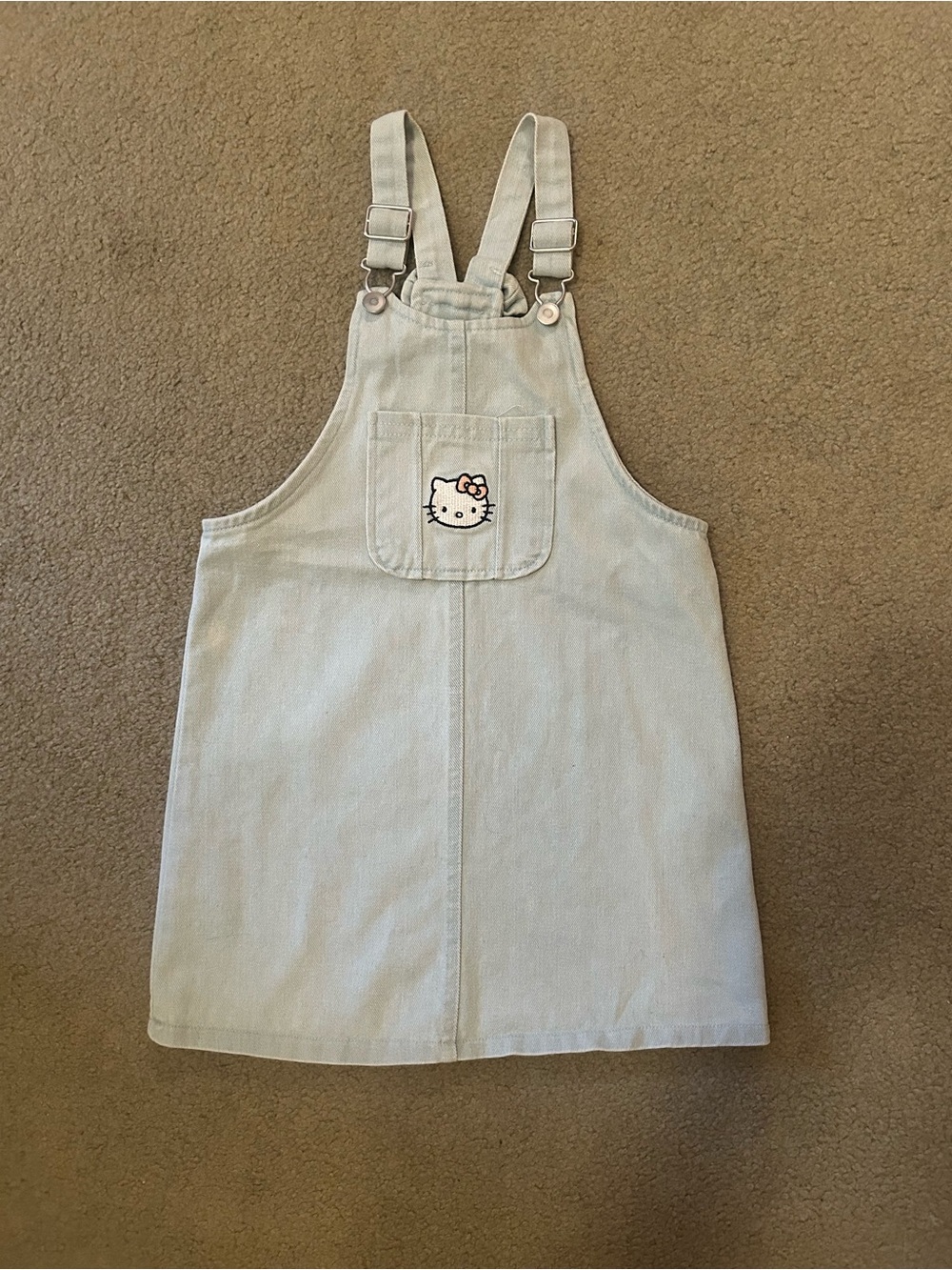 Hello Kitty Girls Light Blue Denim Overall Dress With Embroidered Front Pocket